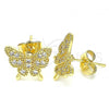 Oro Laminado Stud Earring, Gold Filled Style Butterfly Design, with White Micro Pave, Polished, Golden Finish, 02.210.0423