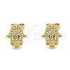 Oro Laminado Stud Earring, Gold Filled Style Hand of God Design, with White Micro Pave, Red Enamel Finish, Golden Finish, 02.213.0268