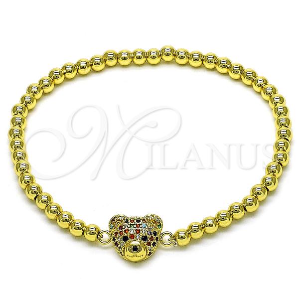 Oro Laminado Fancy Bracelet, Gold Filled Style Expandable Bead and Teddy Bear Design, with Multicolor Micro Pave, Polished, Golden Finish, 03.299.0109.07