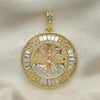 Oro Laminado Religious Pendant, Gold Filled Style Centenario Coin and Angel Design, with White Crystal, Polished, Golden Finish, 05.380.0026