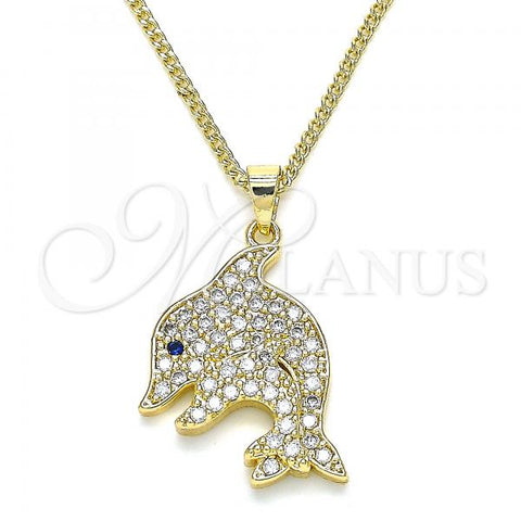 Oro Laminado Pendant Necklace, Gold Filled Style Dolphin Design, with White and Sapphire Blue Micro Pave, Polished, Golden Finish, 04.344.0030.20