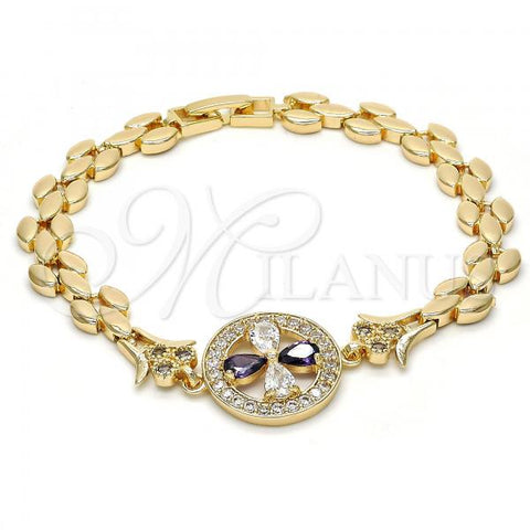 Oro Laminado Fancy Bracelet, Gold Filled Style Flower Design, with Amethyst and White Cubic Zirconia, Polished, Golden Finish, 03.210.0044.2.08