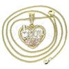 Oro Laminado Pendant Necklace, Gold Filled Style Heart and Flower Design, Polished, Tricolor, 04.351.0012.20