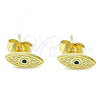 Oro Laminado Stud Earring, Gold Filled Style Evil Eye Design, with Sapphire Blue Micro Pave, Polished, Golden Finish, 02.156.0557