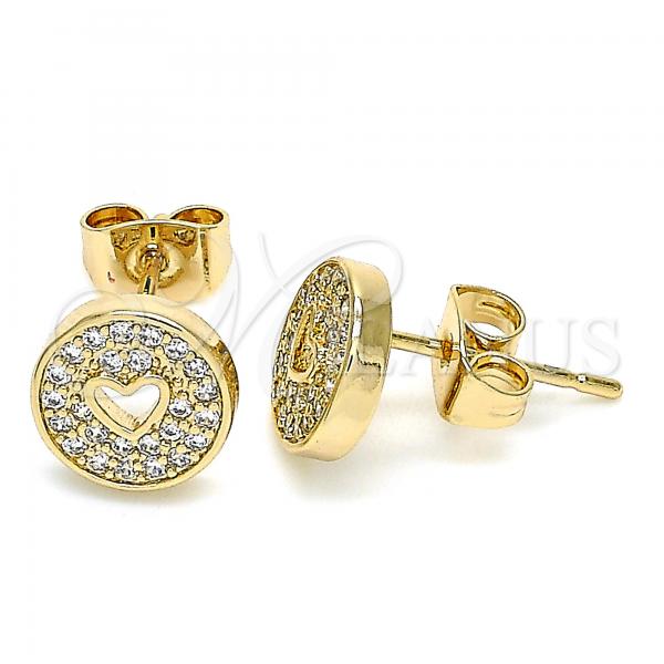 Oro Laminado Stud Earring, Gold Filled Style Heart Design, with White Micro Pave, Polished, Golden Finish, 02.344.0070