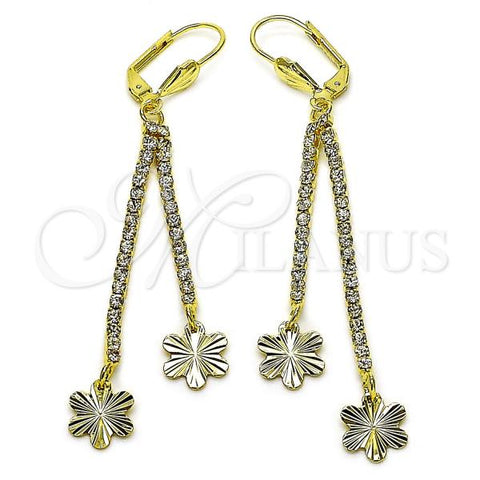 Oro Laminado Long Earring, Gold Filled Style Flower Design, with White Cubic Zirconia, Golden Finish, 5.081.006