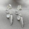 Sterling Silver Long Earring, Leaf Design, with White Cubic Zirconia, Polished, Silver Finish, 02.401.0060