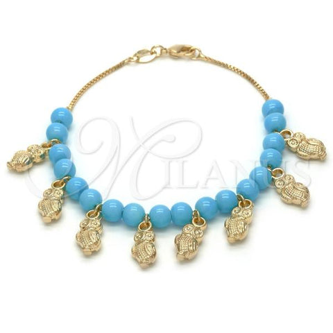 Oro Laminado Charm Bracelet, Gold Filled Style Owl and Ball Design, with Turquoise Opal, Polished, Golden Finish, 03.32.0123.07