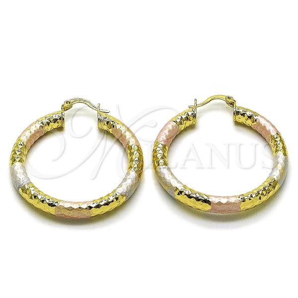 Oro Laminado Medium Hoop, Gold Filled Style Hollow Design, Diamond Cutting Finish, Tricolor, 02.213.0312.1.40