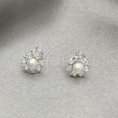Sterling Silver Stud Earring, Flower Design, with Ivory Pearl, Polished, Silver Finish, 02.406.0019