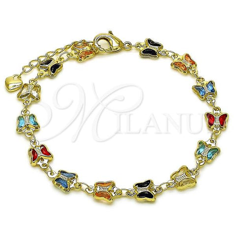 Oro Laminado Fancy Bracelet, Gold Filled Style Butterfly Design, with Multicolor Crystal, Polished, Golden Finish, 03.213.0315.07