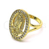Oro Laminado Elegant Ring, Gold Filled Style Guadalupe and Flower Design, with White Cubic Zirconia, Polished, Golden Finish, 01.380.0022.07