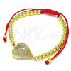 Oro Laminado Adjustable Bolo Bracelet, Gold Filled Style Evil Eye and Heart Design, with Sapphire Blue and White Micro Pave, Polished, Golden Finish, 03.368.0041.11