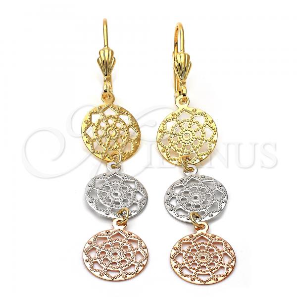 Oro Laminado Long Earring, Gold Filled Style Flower Design, Diamond Cutting Finish, Tricolor, 5.104.002