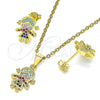 Oro Laminado Earring and Pendant Adult Set, Gold Filled Style Little Girl Design, with Multicolor Micro Pave, Polished, Golden Finish, 10.207.0001