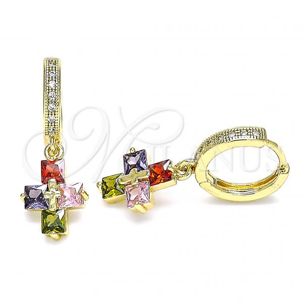 Oro Laminado Huggie Hoop, Gold Filled Style Cross Design, with Multicolor Cubic Zirconia and White Micro Pave, Polished, Golden Finish, 02.316.0069.15