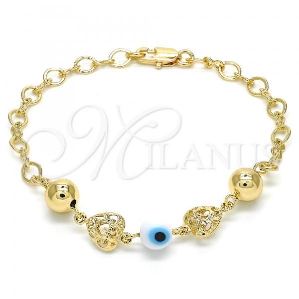 Oro Laminado Fancy Bracelet, Gold Filled Style Heart and Evil Eye Design, White Resin Finish, Golden Finish, 03.63.1902.2.08