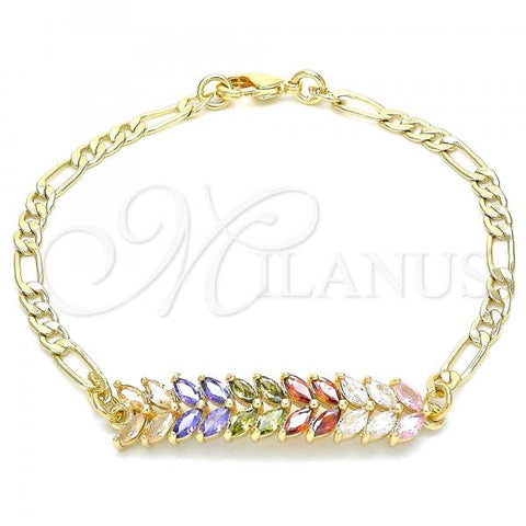 Oro Laminado Fancy Bracelet, Gold Filled Style Leaf Design, with Multicolor Cubic Zirconia, Polished, Golden Finish, 03.63.2154.2.08