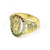 Oro Laminado Multi Stone Ring, Gold Filled Style Guadalupe and Flower Design, with Multicolor Cubic Zirconia, Polished, Golden Finish, 01.380.0025.1.09