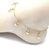 Oro Laminado Charm Anklet , Gold Filled Style Heart and Rattle Charm Design, with White Crystal, Polished, Golden Finish, 03.213.0111.10