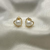 Oro Laminado Stud Earring, Gold Filled Style Heart and Ball Design, with Ivory Pearl, Polished, Golden Finish, 02.342.0056