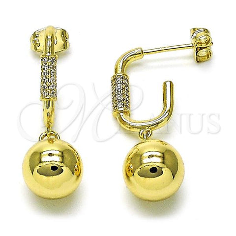Oro Laminado Dangle Earring, Gold Filled Style Ball Design, with White Micro Pave, Polished, Golden Finish, 02.213.0709