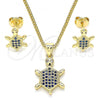Oro Laminado Earring and Pendant Adult Set, Gold Filled Style Turtle Design, with Sapphire Blue and White Micro Pave, Polished, Golden Finish, 10.156.0019.2