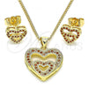 Oro Laminado Earring and Pendant Adult Set, Gold Filled Style Heart Design, with Garnet Micro Pave, Polished, Golden Finish, 10.156.0410.1