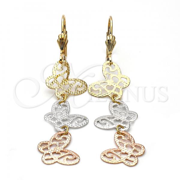 Oro Laminado Long Earring, Gold Filled Style Butterfly Design, Diamond Cutting Finish, Tricolor, 5.114.013