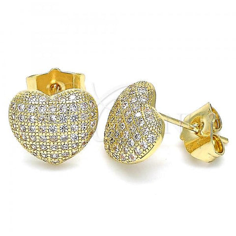 Oro Laminado Stud Earring, Gold Filled Style Heart Design, with White Micro Pave, Polished, Golden Finish, 02.156.0507