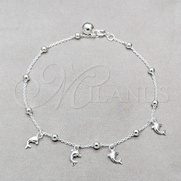 Sterling Silver Fancy Anklet, Dolphin and Ball Design, Polished, Silver Finish, 03.409.0060.10