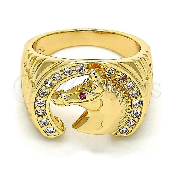 Oro Laminado Mens Ring, Gold Filled Style Horse Design, with White and Ruby Cubic Zirconia, Diamond Cutting Finish, Golden Finish, 01.185.0005.09 (Size 9)