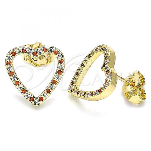 Oro Laminado Stud Earring, Gold Filled Style Heart Design, with Garnet and White Micro Pave, Polished, Golden Finish, 02.156.0522.1