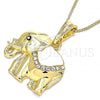 Oro Laminado Pendant Necklace, Gold Filled Style Elephant Design, with White and Black Crystal, White Enamel Finish, Golden Finish, 04.380.0025.3.20