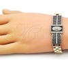 Oro Laminado Fancy Bracelet, Gold Filled Style Guadalupe and Greek Key Design, with White Micro Pave, Black Enamel Finish, Golden Finish, 03.411.0011.08