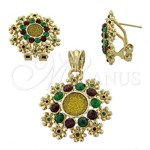 Oro Laminado Earring and Pendant Adult Set, Gold Filled Style Flower Design, with Emerald and Garnet Crystal, Polished, Two Tone, 10.91.0107