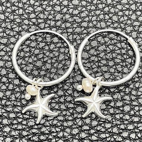 Sterling Silver Small Hoop, Flower Design, with White Pearl, Polished, Silver Finish, 02.401.0038.15