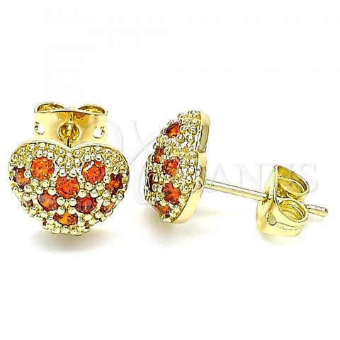 Oro Laminado Stud Earring, Gold Filled Style Heart Design, with Garnet Cubic Zirconia, Polished, Golden Finish, 02.213.0138.1
