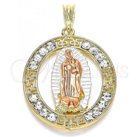 Oro Laminado Religious Pendant, Gold Filled Style Guadalupe and Greek Key Design, with White Crystal, Polished, Tricolor, 05.380.0036