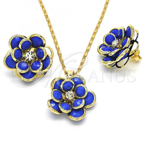 Oro Laminado Earring and Pendant Adult Set, Gold Filled Style Flower Design, with Sapphire Blue and White Crystal, Polished, Golden Finish, 10.64.0156.2