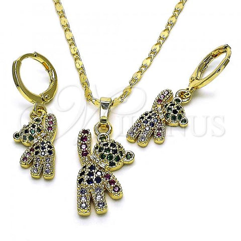 Oro Laminado Earring and Pendant Adult Set, Gold Filled Style Teddy Bear Design, with Multicolor Cubic Zirconia, Polished, Golden Finish, 10.196.0087