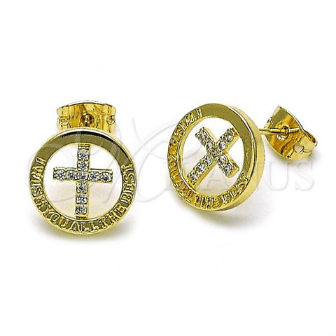 Oro Laminado Stud Earring, Gold Filled Style Cross Design, with White Micro Pave, Polished, Golden Finish, 02.213.0663