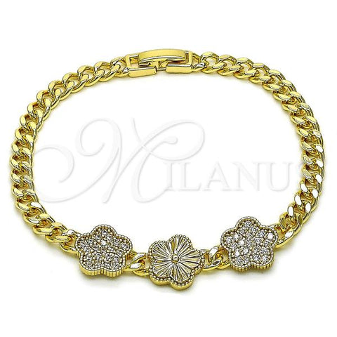 Oro Laminado Fancy Bracelet, Gold Filled Style Flower and Miami Cuban Design, with White Micro Pave, Diamond Cutting Finish, Golden Finish, 03.283.0418.07