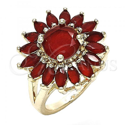 Oro Laminado Multi Stone Ring, Gold Filled Style Flower Design, with Ruby Cubic Zirconia, Polished, Golden Finish, 01.210.0106.1.08 (Size 8)