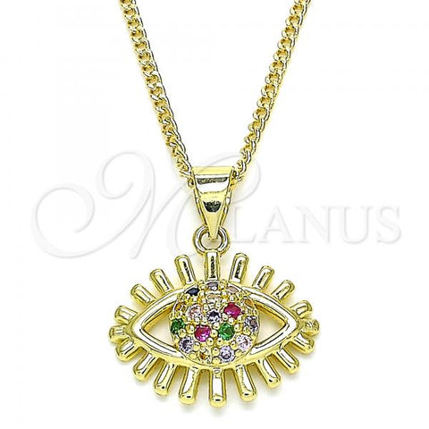 Oro Laminado Pendant Necklace, Gold Filled Style Evil Eye Design, with Multicolor Micro Pave, Polished, Golden Finish, 04.156.0390.1.20