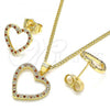 Oro Laminado Earring and Pendant Adult Set, Gold Filled Style Heart Design, with Garnet and White Micro Pave, Polished, Golden Finish, 10.94.0004.1