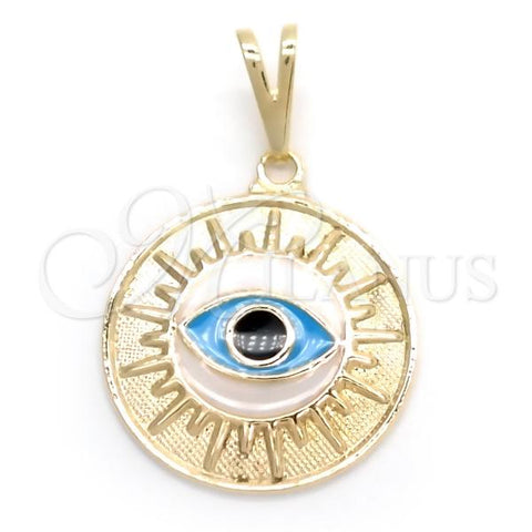 Oro Laminado Fancy Pendant, Gold Filled Style Evil Eye Design, Light Blue Enamel Finish, Golden Finish, 05.32.0082