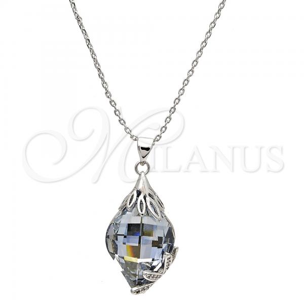 Oro Laminado Pendant Necklace, Gold Filled Style Flower Design, with Blue Shade Swarovski Crystals and White Micro Pave, Polished, Golden Finish, 04.239.0013.1.16