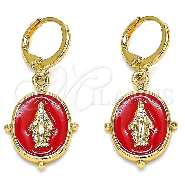 Oro Laminado Dangle Earring, Gold Filled Style Virgen Maria Design, Red Enamel Finish, Golden Finish, 02.377.0026.1