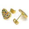 Oro Laminado Stud Earring, Gold Filled Style Heart Design, with Multicolor Micro Pave, Polished, Golden Finish, 02.377.0022